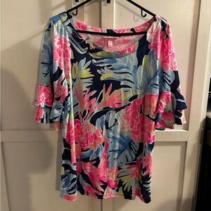 Women's Tropical Pink Floral Ruffle Sleeve Lilly Pulitzer top